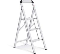 KINGRACK Escalera de Tijera 3 Peldaños, Escalera de Tijera Plegable con Barandilla, Escalera Doméstica Antideslizante con Mecanismo Antiplegado, Taburete de Aluminio, Carga Máxima de 150 kg, Plata
