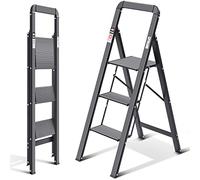 KINGRACK Escalera de Tijera 3 Peldaños, Escalera de Tijera Plegable con Barandilla, Escalera Doméstica Antideslizante con Mecanismo Antiplegado, Taburete de Aluminio, Carga Máxima de 150 kg, Negro.