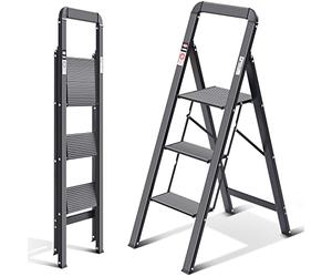 KINGRACK Escalera de Tijera 3 Peldaños, Escalera de Tijera Plegable con Barandilla, Escalera Doméstica Antideslizante con Mecanismo Antiplegado, Taburete de Aluminio, Carga Máxima de 150 kg, Negro.