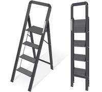 KINGRACK Escalera de Tijera 4 peldaños Plegable de Aluminio, Escalera Doméstica Estrecha con Pasamanos, Mecanismo Antiplegado, Uso Hogar Cocina Despensa Oficina, Ahorro de Espacio y Portátil, Negro