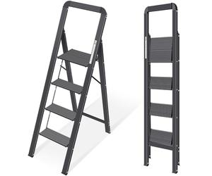 KINGRACK Escalera de Tijera 4 peldaños Plegable de Aluminio, Escalera Doméstica Estrecha con Pasamanos, Mecanismo Antiplegado, Uso Hogar Cocina Despensa Oficina, Ahorro de Espacio y Portátil, Negro
