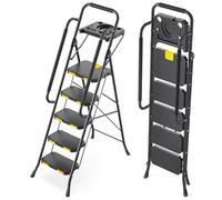 KINGRACK Escalera de Tijera 5 Peldaños Plegable con Pasamanos de Seguridad y Bandeja de Herramientas, Escalera Doméstica con Gran Pedal Antideslizante, Uso Hogar Cocina Despensa Armarios Oficina