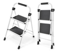 KINGRACK Escalera Plegable 2 peldaños, pedal antideslizante, ancho, asa, acero resistente, ligera y portátil, blanco