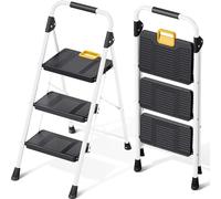 KINGRACK Escalera Plegable 3 Peldaños, Carga hasta 150 kg, con Bloqueo de Seguridad, Pedales Anchos Antideslizantes, Pasamanos, Escalera Doméstica Ligera de Acero Hogar Cocina Oficina Armarios, Blanco