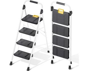 KINGRACK Escalera Plegable 3 Peldaños, Carga hasta 150 kg, con Bloqueo de Seguridad, Pedales Anchos Antideslizantes, Pasamanos, Escalera Doméstica Ligera de Acero Hogar Cocina Oficina Armarios, Blanco