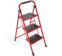 KINGRACK Escalera plegable 3 peldaños, pedales antideslizantes, acero resistente, ligera y portátil, color rojo