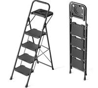 KINGRACK Escalera Plegable 4 Peldaños Anchos con Baranda y Bandeja de Herramientas, Escalera de Tijera con Pedal Antideslizante, Taburete Plegable para Hogar Cocina Garaje Jardín Oficina, Negro