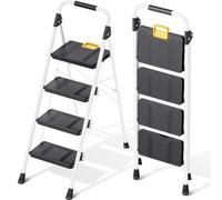 KINGRACK Escalera Plegable 4 Peldaños, Carga hasta 150 kg, con Bloqueo de Seguridad, Pedales Anchos Antideslizantes, Pasamanos, Escalera Doméstica Ligera de Acero Hogar Cocina Oficina Armarios, Blanco