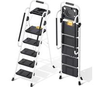 KINGRACK Escalera Plegable 5 Peldaños, Carga hasta 150 kg, con Bloqueo de Seguridad, Pedales Anchos Antideslizantes, Pasamanos, Bandeja de Herramientas Escalera Doméstica Hogar Oficina Armarios Blanco