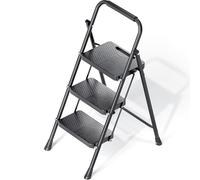 KINGRACK Escalera plegable de 3 escalones, escalera portátil para multiusos, hogar, cocina, taburete de acero resistente con pedales anchos antideslizantes, pasamanos, diseño de bloqueo seguro, prueba