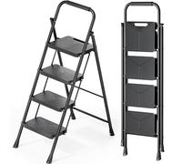 KINGRACK Escalera plegable de 4 escalones, escalera portátil para multiusos, hogar, cocina, taburete de acero resistente con pedales anchos antideslizantes, pasamanos, diseño de bloqueo seguro, prueba
