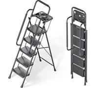 KINGRACK Escalera plegable de 5 escalones, escalera portátil para multiusos, hogar, cocina, taburete de acero resistente con pedales anchos antideslizantes, pasamanos, diseño de bloqueo seguro, prueba