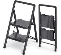 KINGRACK Escalera resistente de 2 peldaños, escalera portátil para el hogar, cocina, taburete plegable de acero con pedales anchos antideslizantes, pasamanos, diseño de bloqueo seguro, prueba de carga