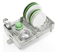KINGRACK Escurreplatos de cocina, escurreplatos extensible para encimera de cocina, plegable, de acero inoxidable, con soporte extraíble para cubiertos, resistente a los arañazos, color gris y blanco