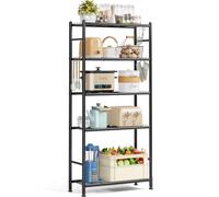 KINGRACK Estantería de Metal de 5 Niveles con estantes de Rejilla y Ganchos Laterales, estantería de Cocina Alta para Cocina, baño, salón, Oficina, estantería de Acero Negro con 4 Alturas fijas, 84 x