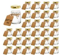 Kingrol Paquete de 60 Tarros de Vidrio de 1.5 Onzas Con Tapas, Mini Tarros de Miel Mason Con Etiquetas Personalizadas y Cuerda para Especias, Hierbas, Mermeladas, Manualidades, Recuerdos
