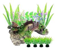 Kingrun Plantas Artificiales Acuario, 13 Piezas Plantas Verdes de Acuario de Plástico, Decoración de Resina, Acuarios Puente Decorativo Ornamento Paisaje para Decoración de Acuarios y Peceras