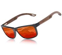 KINGSEVEN Gafas de sol de madera para hombre y mujer, unisex, hechas a mano, polarizadas con patillas de madera de nogal, protección UV400, cristales de espejo modernos, naranja, Negro