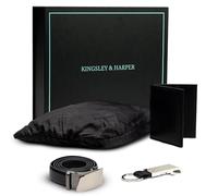 Kingsley & Harper Juego de regalo de viaje: elegante artículo esencial para el viajero con cinturón de trinquete de piel sintética, cartera plegable, impermeable negro repelente al agua, llavero