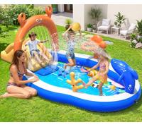 KingSom Piscina Infantil Hinchable, Juegos Hinchable Piscina para Niños con Tobogán, Rociador, Piscina Hinchable para Niños, Juegos de Aguas Exterior, Piscina Hinchable Familiar Jardín, 305x178x127 cm