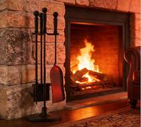 Kingson Juego de 4 herramientas para chimenea de hierro fundido, incluye cepillo, pala, póquer, soporte, diámetro 16,5 x 53 cm, juego de compañero para chimenea