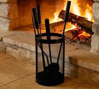 Kingson Juego de 5 piezas redondeadas para chimenea de color negro, incluye cubo, pala, atizador, cepillo y tenazas, cubo de 17 x 35 cm, herramientas de 51 cm, accesorios para quemador de troncos
