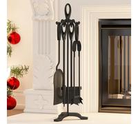 Kingson Juego de Compañía para Chimenea de Hierro Fundido Negro de 5 Piezas 19,5x17x61cm Accesorios para Quemador de Leña Kit de Herramientas Duradero para Chimenea
