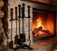 Kingson Juego de herramientas para chimenea de hierro negro de 4 piezas, incluye cepillo, pala, atizador y soporte, juego compacto para fogones de leña y fuegos abiertos