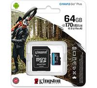 Kingston 64 GB microSDXC Canvas Go Plus 170 MB/s lectura UHS-I, C10, U3, V30, A2/A1 tarjeta de memoria + adaptador (SDCG3/64GBCR)