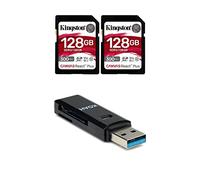 Kingston Canvas React Plus - Tarjeta SD SDXC UHS-II de 128 GB U3 V90 (2 unidades) con lector de tarjetas de memoria USB 3.0 2 en 1 (3 artículos)