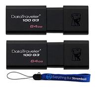 Kingston (TM) - Memoria flash digital (2 unidades, 64 GB, 64 GB, USB de alta velocidad (DT100G3) con (1) cordón Everything but Stromboli (TM)