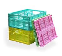 KINGSUSLAY Paquete de 4 cajas de almacenamiento de plástico, caja de almacenamiento plegable para alimentos, frutas, verduras, aperitivos, botellas, juguetes, despensa (colores variados)