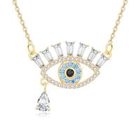 KINGWHYTE Collar contra el mal de ojo de plata de ley 925 con colgante turco de ojo turco para mujer, plata y oro, diamantes de imitación, lágrima, collar de ojo de circonita cúbica, amuleto de