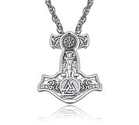 KINGWHYTE Collar de plata de ley 925 con diseño de martillo de Thor, colgante de runa vikinga, estilo nórdico, vintage, protección de Mjolnir, Odin, joyería de regalo para hombres y mujeres, Plata