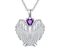 KINGWHYTE Collar de plata de ley con alas de ángel de la guarda con colgante de corazón y alas de circonita, Plata de ley, Circonita cúbica