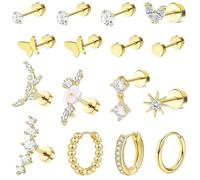 KingYH 16 Pcs Pendiente Oro Mujer Pendientes Acero Quirurgico Cubic Zirconia Ronda Stud Pendiente Cartílago Huggie Hoop Pendientes Múltiples Piercing Oreja Pendiente de aro Helix Piercings