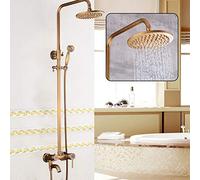 KinHall Juego de Ducha Retro de Bronce con Columna y Estante - Grifo de Pared, Ducha de Lluvia y Mano, para Bañera (Latón, Completo, Fácil Instalación)
