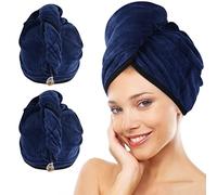 KinHwa - Toalla de Secado de Pelo (Microfibra, superabsorbente, enrollar Turbante para el Cabello, Toalla de baño Seca rápida con Dos Botones de diseño, 30 x 70 cm, Azul Marino - 2 Paquetes