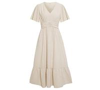 KINLYBO Vestido de verano para mujer, cuello en V, casual, con volantes, sin cortos, vestido largo, albaricoque, L