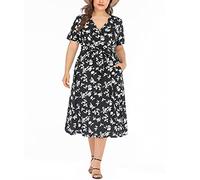 KINLYBO Vestido largo de verano de manga corta con cuello en V para mujer, talla grande, estilo bohemio, Negro lanco, XL