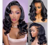 KinMos Peluca de cabello humano de 16 pulgadas, 13 x 6 pulgadas, densidad 200 HD, encaje frontal, pelucas de cabello humano ondulado con encaje frontal, pelucas cortas para mujeres negras, pelucas sin