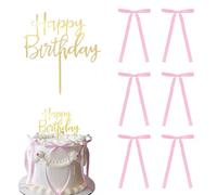 Kinretixia 6 piezas de decoración para tartas con lazo y cinta con mensaje de feliz cumpleaños, fiesta temática de Coquette, decoración para tarta de corazón vintage