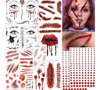 Kinretixia Conjunto de maquillaje de Halloween con 12 tatuajes temporales de cicatrices y gemas rojas para el rostro