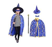 Kinwers Disfraz Mago Niño,Azul Gorro Brujo Capa Halloween Niña 4-6 años