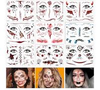Kinwers Pegatinas para la cara de Halloween, 9 hojas, cicatrices, Halloween, heridas, Halloween, tatuajes, pegatinas de cara terror