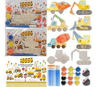Kinyanco Paquete de 24 camiones de construcción, recuerdos de fiesta, construcción, cumpleaños, bricolaje, kits de pintura con imán de madera con tarjeta de agradecimiento, vehículos de construcción