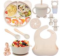Kinyoda 10 Pièces Coffret Repas Bebe Silicone, baby led weaning Cubiertos Bebe Vajilla Bebe Silicona, Plato de Silicón Antideslizante Sin BPA, Enfant Set Couverts Vaisselle Pour Sevrage Manger (Beige)