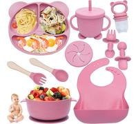 Kinyoda Juego de 10 piezas de alimentación para bebé, cuenco ventosa, babero ajustable, taza, kit de platos, ideal para regalos (rosa)