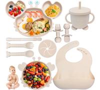 Kinyoda Vajilla Bebe Silicone, 10 Piezas Cubiertos, Antideslizante Con Plato Bebe Ventosa Vasito Cuchara Babero, Vajilla Aprendizaje Comer Destete (Beige)