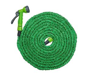 Kinzo Manguera de jardín flexible de 20 m, incluye accesorio para manguera, cabezal pulverizador con 7 posiciones de pulverización, plástico, verde y gris